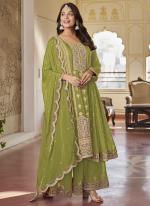 Pure Chinnon Green Traditional Wear Embroidery Work Readymade Palazzo Suit